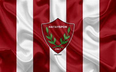 Hatayspor, 4k, logo, silk texture, Turkish football club, red white flag, emblem, 1 Lig, TFF First League, Hatay, Turkey, football