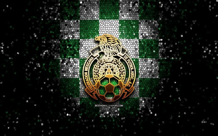 Meksika futbol takımı, glitter logosu, CONCACAF, Kuzey Amerika, yeşil beyaz damalı arka plan, mozaik sanat, futbol, Meksika Milli Futbol Takımı, MFF logosu, Meksika