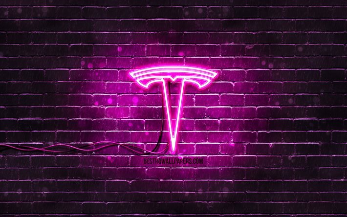 Tesla purple logo, 4k, purple brickwall, Tesla logo, cars brands, Tesla neon logo, Tesla