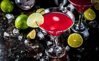 kosmopolitisch, cocktail, roter cocktail mit limette, cosmo, verschiedene cocktails