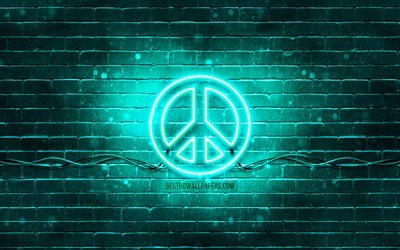 Peace turquoise sign, 4k, turquoise brickwall, Peace symbol, creative, Peace neon sign, Peace sign, Peace
