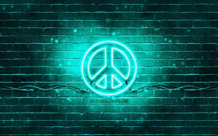 Rauhan turkoosi merkki, 4k, turkoosi tiilisein&#228;, rauhan symboli, luova, rauhan neon merkki, rauhan merkki, rauha