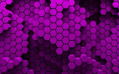 violet hexagons, 4k, 3D art, creative, honeycomb, hexagons patterns, violet hexagons background, hexagons textures, violet backgrounds, hexagons texture