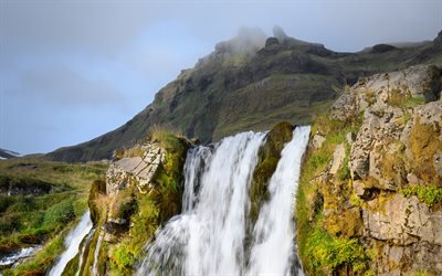 Iceland, 4k, waterfall, rocks, mountains, beautiful nature, Europe
