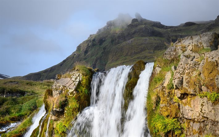 Iceland, 4k, waterfall, rocks, mountains, beautiful nature, Europe