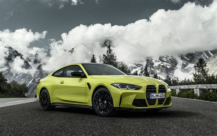 BMW M4 Competition, G82, 2021, 4k, front view, exterior, yellow coupe, new yellow M4, German cars, BMW