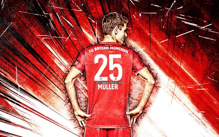 4k, Thomas Muller, back view, grunge art, Bayern Munich FC, german footballers, Bundesliga, red abstract rays, soccer, Germany, Thomas Muller Bayern Munich, Thomas Muller 4K