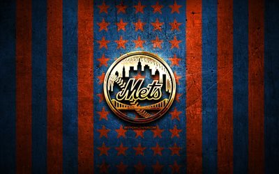 New York Mets bandeira, MLB, fundo de metal laranja azul, time de beisebol americano, logotipo do New York Mets, EUA, beisebol, New York Mets, logotipo dourado, NY Mets