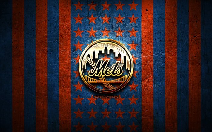 New York Mets flag, MLB, blue orange metal background, american baseball team, New York Mets logo, USA, baseball, New York Mets, golden logo, NY Mets