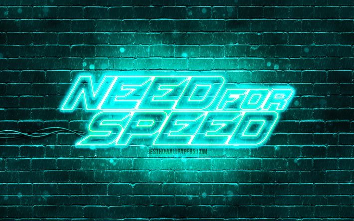 Need for Speed logo turquoise, 4k, brickwall turquoise, NFS, jeux 2020, logo Need for Speed, logo n&#233;on NFS, Need for Speed
