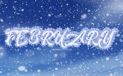 February, 4k, snowfall, blue background, winter, February concepts, creative, February month, winter months