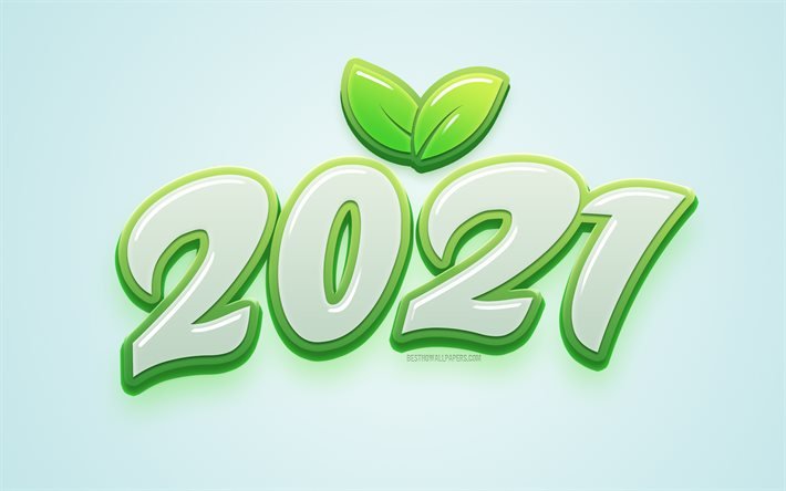 Nouvel an 2021, fond Eco 2021, feuilles 3D vertes, fond bleu 2021, bonne ann&#233;e 2021, concepts 2021