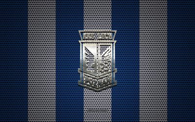 Lech Poznan logo, Polish football club, metal emblem, blue white metal mesh background, Lech Poznan, Ekstraklasa, Poznan, Poland, football