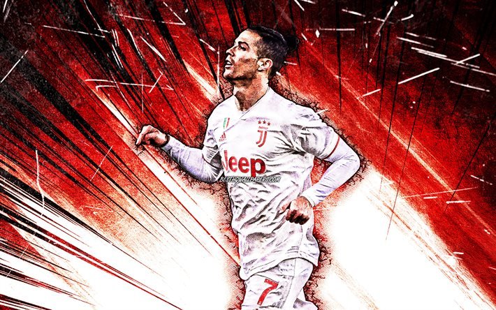 4k, Cristiano Ronaldo, red abstract rays, Juventus FC, CR7, portuguese footballers, Italy, Bianconeri, red uniform, soccer, grunge art, football stars, Serie A, CR7 Juve
