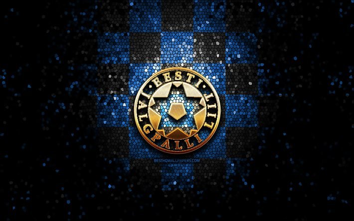 Estonian football team, glitter logo, UEFA, Europe, blue black checkered background, mosaic art, soccer, Estonia National Football Team, EFA logo, football, Estonia