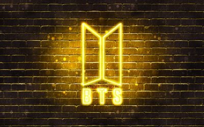 bts gelbes logo, 4k, bangtan boys, gelbe mauer, bts logo, koreanische band, bts neon logo, bts