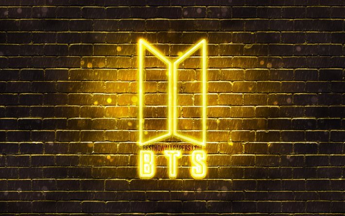 BTS yellow logo, 4k, Bangtan Boys, yellow brickwall, BTS logo, korean band, BTS neon logo, BTS