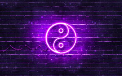 Yin Yang violetti merkki, 4k, violetti tiilisein&#228;, Yin Yang symboli, luova, Yin Yang neon merkki, Yin Yang merkki, Yin Yang