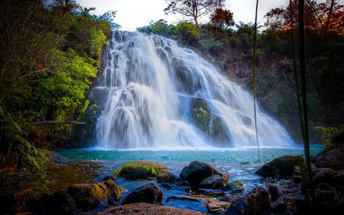 waterfall, lake, rocks, evening, beautiful waterfall, mountain waterfall