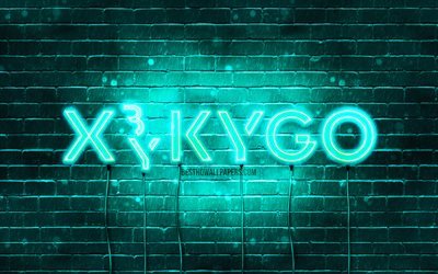 Logo turquoise Kygo, 4k, superstars, DJs norv&#233;giens, brickwall turquoise, Kyrre Gorvell-Dahll, stars de la musique, logo kygo n&#233;on, logo Kygo, Kygo