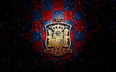 Spainish football team, glitter logo, UEFA, Europe, blue red checkered background, mosaic art, soccer, Spain National Football Team, RSFF logo, football, Spain