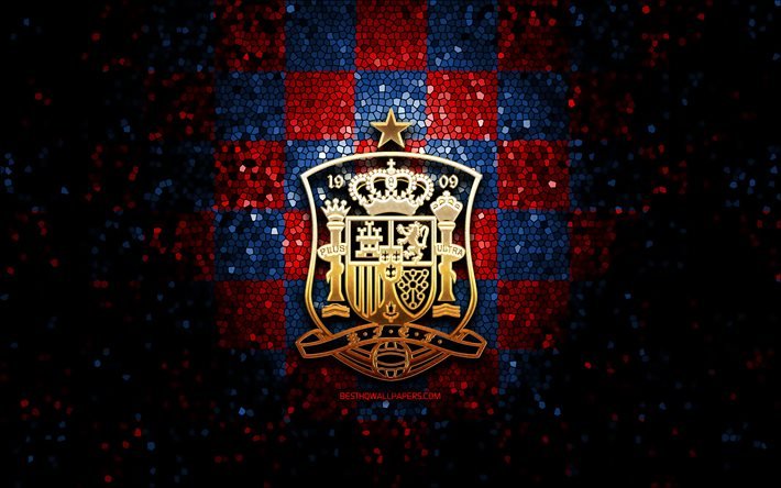 Squadra di calcio spagnola, logo glitter, UEFA, Europa, sfondo a scacchi rosso blu, arte mosaico, calcio, Spagna Nazionale di calcio, logo RSFF, Spagna