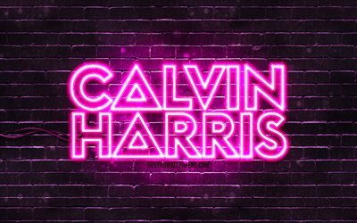 Calvin Harris logo violet, 4k, superstars, DJs &#233;cossais, brickwall violet, calvin Harris logo, Adam Richard Wiles, Calvin Harris, stars de la musique, Calvin Harris logo n&#233;on