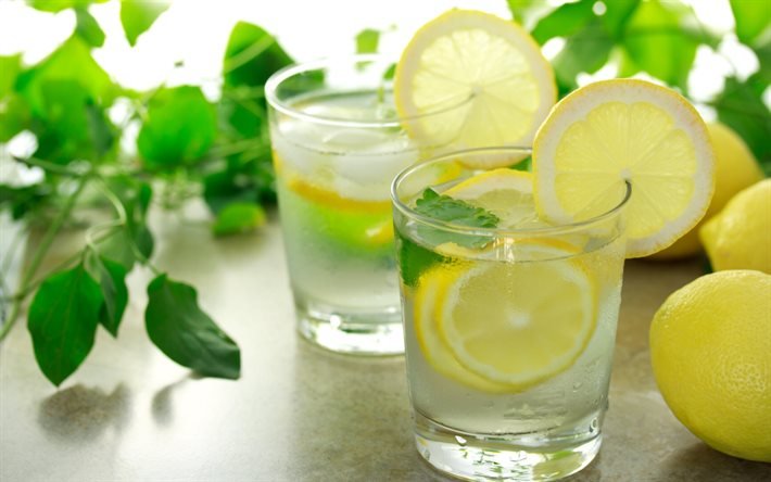 lemonade, lemons, a glass of lemonade, mint leaves