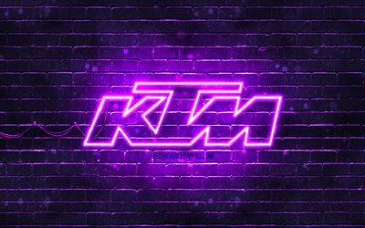 KTM violetti logo, 4k, violetti tiilisein&#228;, KTM logo, moottoripy&#246;r&#228;t tuotemerkit, KTM neon logo, KTM