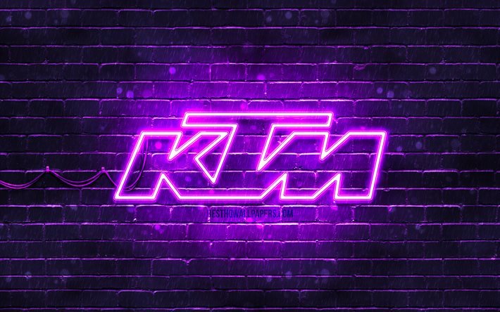 Logo violet KTM, 4k, brique violette, logo KTM, marques de motos, logo au n&#233;on KTM, KTM
