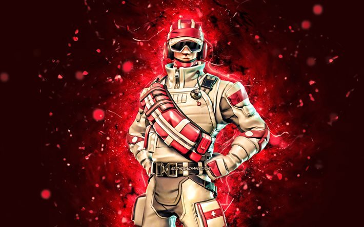Triage Trooper, 4k, luzes vermelhas de neon, jogos de 2020, Fortnite Battle Royale, personagens de Fortnite, Triage Trooper Skin, Fortnite, Triage Trooper Fortnite