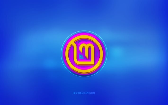 linux mint 3d logo, blauer hintergrund, linux mint, mehrfarbiges logo, linux mint logo, 3d emblem, linux