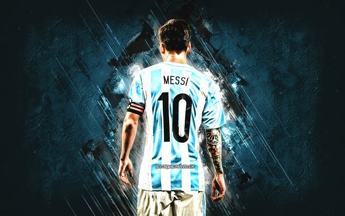 メッシ, アルゼンチン代表サッカーチーム, レオ・メッシ, 後ろからメッシ, アルゼンチンユニフォーム, フットボール。