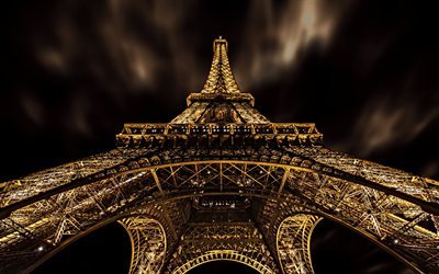 Paris night, Eiffel Tower, lights, night sky, France