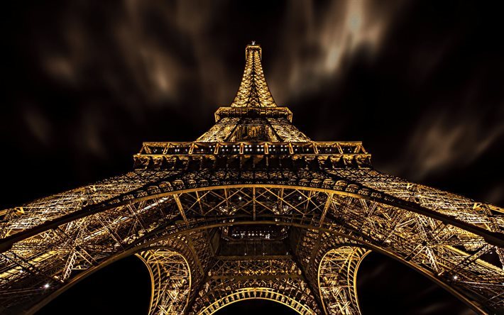 パリの夜, エッフェル塔, 灯り, 夜空, フランス