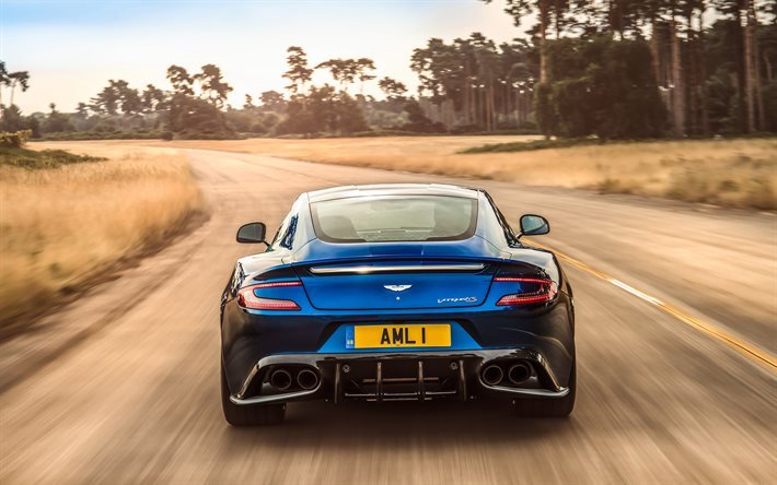 Aston Martin Vanquish S, 2017, rear view, blue Aston Martin, sports car, road, speed