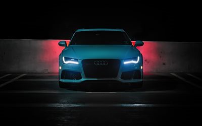 Audi RS7 Sportback, 2016 los coches, aparcamiento, noche, azul rs7, Audi