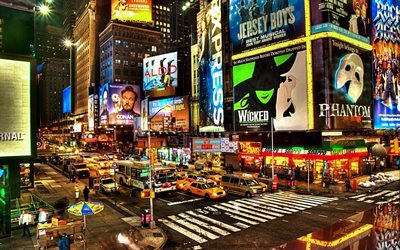 Times Square, NYC, gece, mağazalar, taksi, New York, ABD