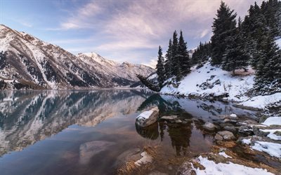Big Almaty lake, invierno, monta&#241;as, nieve, Kazajst&#225;n
