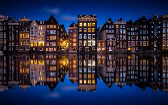 Paesi bassi, canale, notte, Amsterdam, riflessioni, Olanda