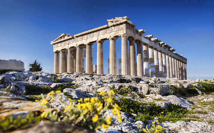 Akropolis i Aten, 4k, landm&#228;rke, sommar, ruinerna, Aten, Grekland