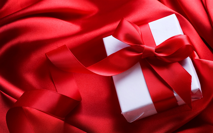 vermelho tecido de seda, presente rom&#226;ntico, caixa branca, la&#231;o vermelho, 14 de fevereiro, Dia Dos Namorados