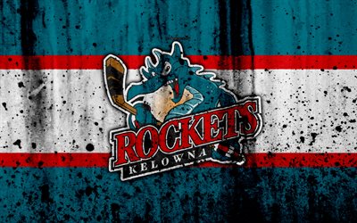 Kelowna Rockets, 4k, grunge, WHL, hockey, art, Canada, logo, stone texture, Western Hockey League
