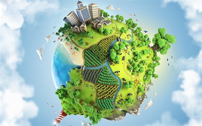 3d Earth, ecology concepts, plasticine earth, environment, take care of the planet, sky, trees, rivers