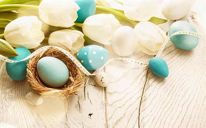Easter, spring, decoration, 1 April, decorated blue eggs, white tulips, spring flowers