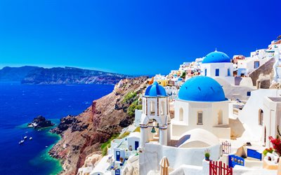 Greek island, Thira, summer, Santorini, Greece, 4k, romantic places, Aegean Sea