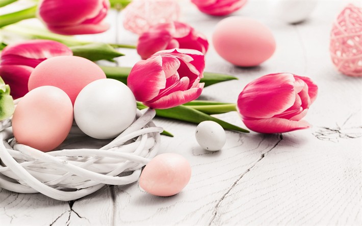 spring, Easter, pink tulips, eggs, easter decoration, spring flowers