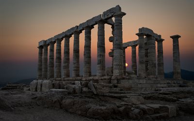 Sounion, Poseidonin temppeli, sunset, rauniot, 4k, Kreikan temppeli, Kreikka, maamerkit