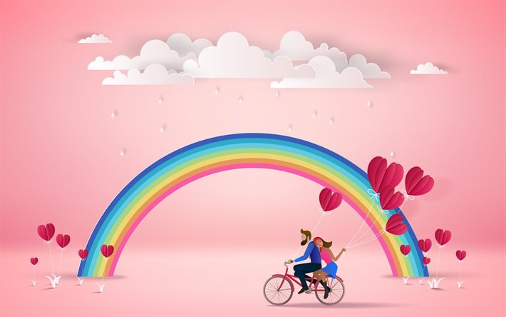 valentinstag, 14 februar, ein paar in liebe, regenbogen, romantik, origami herzen