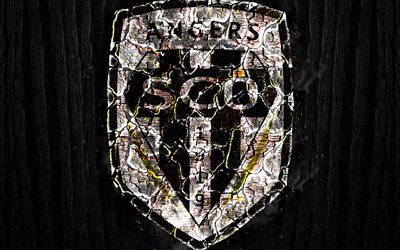 Angers SCO, scorched logo, Ligue 1, black wooden background, french football club, Angers FC, grunge, football, soccer, Angers logo, fire texture, France